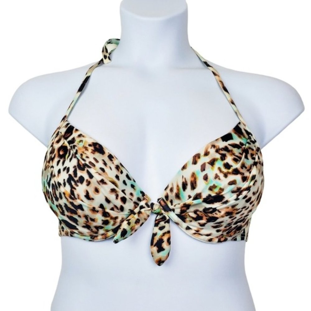 Victoria's Secret Tan Teal Leopard Halter Neck Swimsuit Bikini Top Size 36C